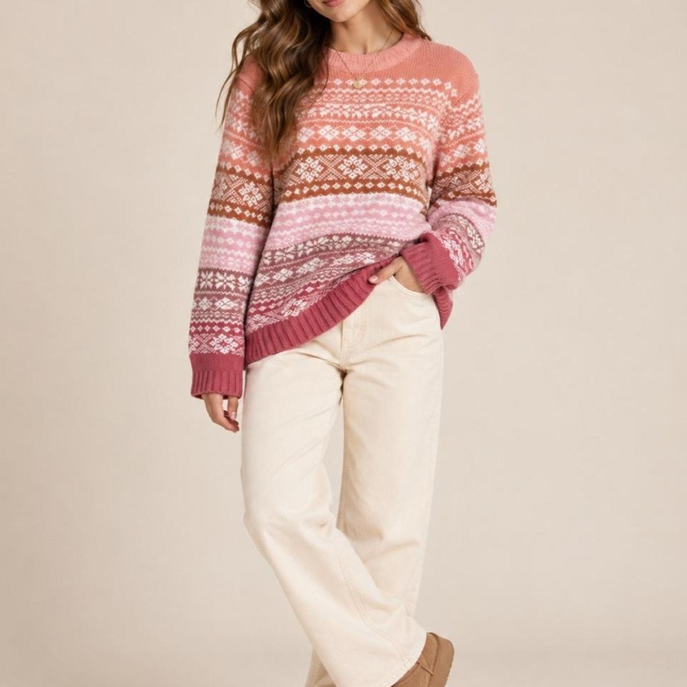 Fair Isle Sweater Pink Coral Cozy Gradient Nordic Coquette Après Ski Pullover